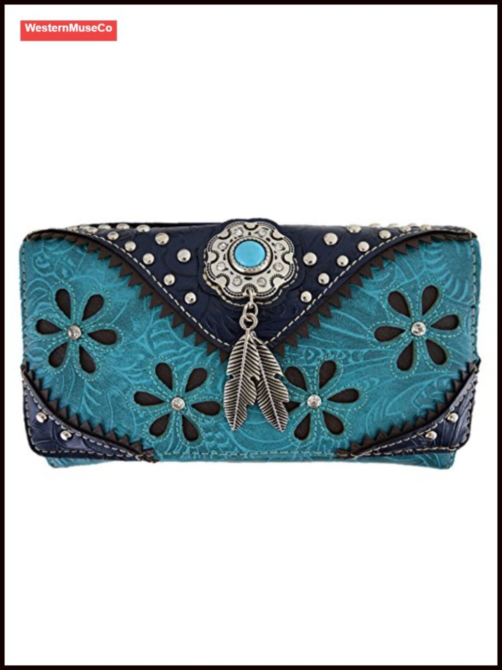 Western Feather Tooled Leather Floral Laser Cut Wallet Vegan Leather